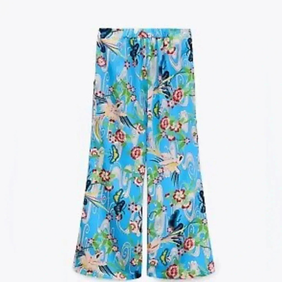 Zara Blue Floral Flared Leg Cropped Trouser Pants Size M - Picture 5 of 12